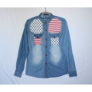 Uuyuk Women's Denim American July 4th Festive Flag Star Button Up Patch Shirt Lg